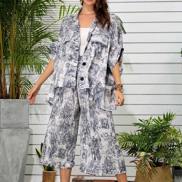 Tute da donna 2023 Autunno Donna 2 pezzi Camicette e pantaloni Set Estate Elastico in vita Strisce Chiffon Gamba larga Set Moda