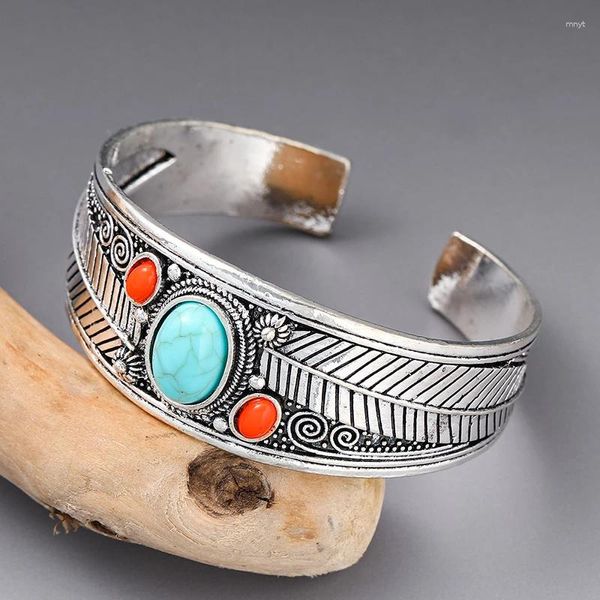 Bangle Antique Prata Cor Folha Vermelho Azul Pedra Natural Aberto Para Mulheres Meninas Bohemian Simples Pulseira Luxo Feminino Jóias Presente