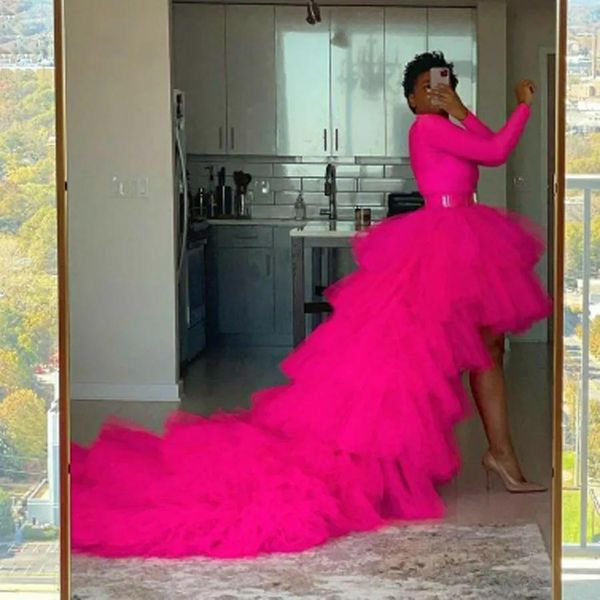 Rock Chic Tulle Tutu hoher niedriger Rock mit langen Zug abgestufte, geschwollene Frauenröcke zum Prom -Party -Kleid Pink Abend Rock