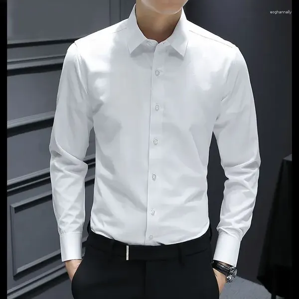 Camisas casuais masculinas manga longa padrão-ajuste sólido camisa básica sem bolso de alta qualidade formal social branco trabalho escritório b50