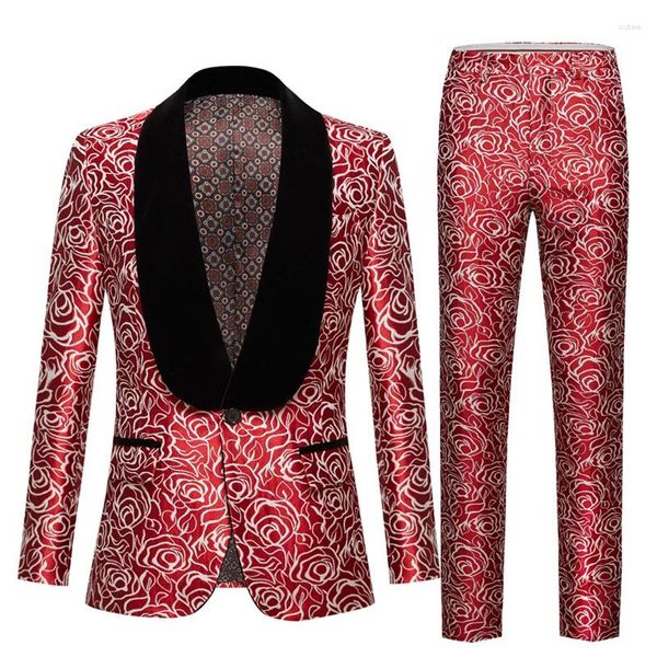Ternos masculinos moda homens vermelho jacquard terno 2 peça conjunto 2023 casamento baile festa roseta blazers jaqueta e calças