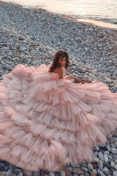 Vestidos de menina rosa tule inchado vestido de flor em camadas sem mangas com laço para casamento elegante criança primeira festa de aniversário eucarística