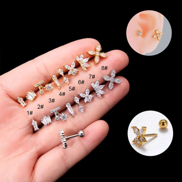 Vite chirurgica in acciaio inossidabile Fiore Barbell Orecchino Palla Helix Orecchini a bottone Orecchini cartilagine Cz Zirconi Viti Piercing Orecchio Osso Stud Gioielli per il corpo Bijoux