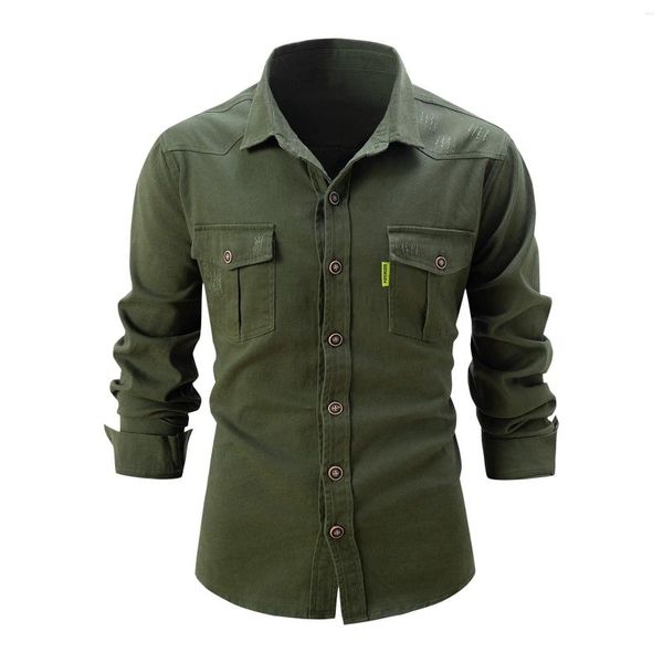 Camisas casuais masculinas bolso duplo para homens manga longa slim fit turndown colarinho botão stretch algodão top blusa quatro estações roupas