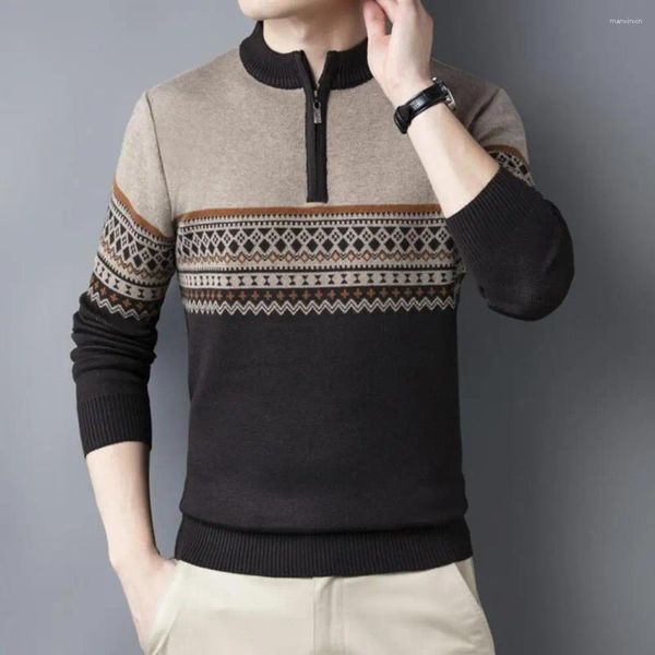 Мужские свитера, дышащий мужской вязаный свитер, легкий вязаный винтажный полосатый свитер с декором на молнии, на зиму