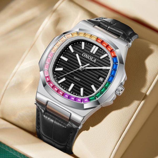 Orologi da polso a strisce ottagonali brasiliane Orologi da uomo al quarzo Sport Orologio da polso con diamanti colorati Orologio regalo Relógios Masculino