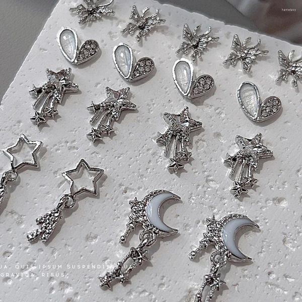 Decorazioni per nail art 10 pendenti con ciondoli a stella e luna, set di lusso leggero con diamanti, farfalla, cuore, nastro, lega, strass