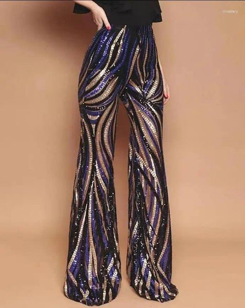 Kadın Pantolon Moda Kadınlar İçin Moda 2023 Glitter High Bel Band-Bottom Colorblock Çizgili Seyirler Sıradan Pantolon Avrupa Amerika
