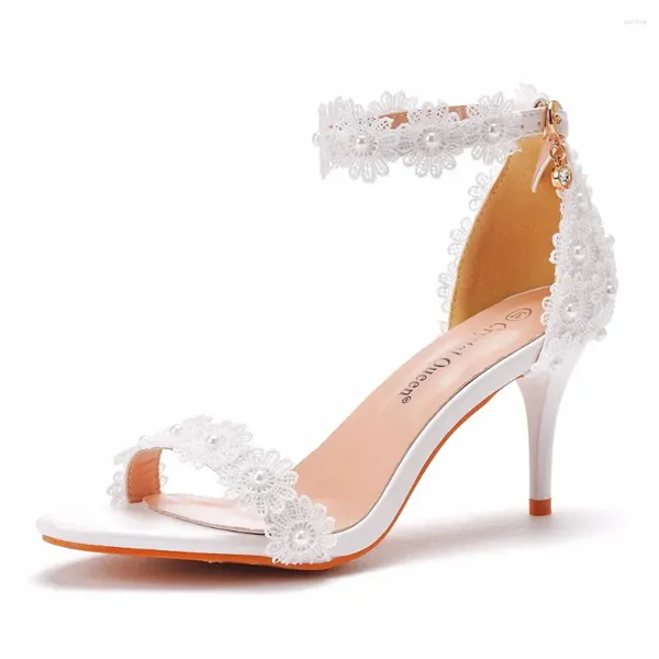 Sandálias primavera rendas flores banquete vestido noiva tornozelo cinta sapatos de casamento apontado dedo do pé grande tamanho salto alto para mulheres h0062