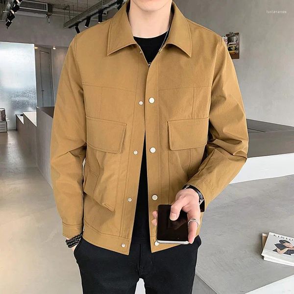 Männer Jacken Khaki Schwarz Mantel Koreanischen Stil Einfarbig Langarm Revers Hemd Jacke Teenager Große Tasche Sommer Casual tragen