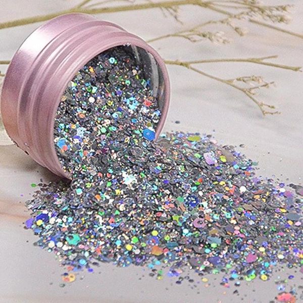 Prego glitter 1/garrafa iridescente arte lantejoulas prata diy cromo pó brilhante hexágono flocos grossos manicure decorações