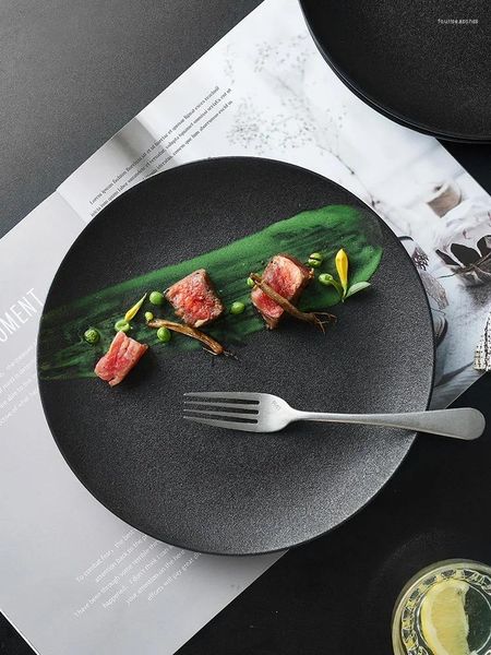 Platos Restaurante Japonés Cubiertos Negro Esmerilado Plato De Carne Cena Platos De Cocina Utensilios De Cocina Porcelana Ensalada Redonda Postre