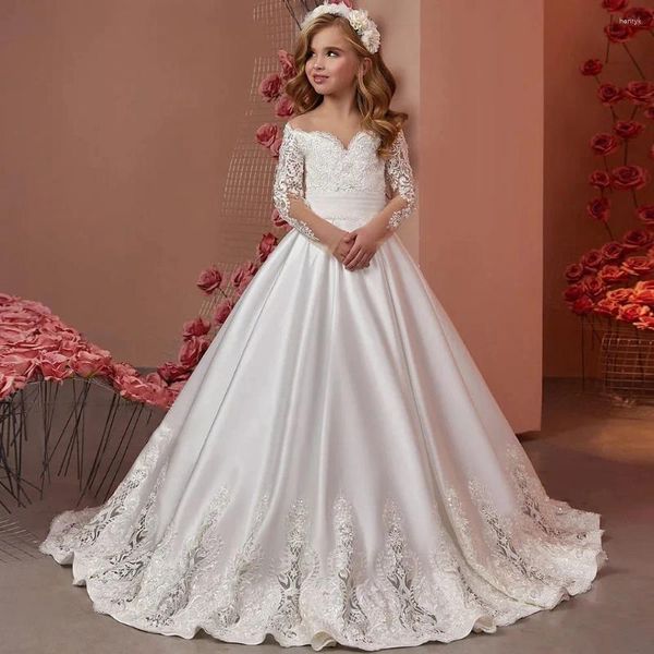 Vestidos de menina elegante cetim renda miçangas fora do ombro apliques vestido de flor para casamento criança primeira festa de aniversário eucarística