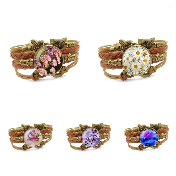 Bracciale rigido di marca in vetro cabochon multistrato braccialetto in pelle marrone gioielli regalo fiori i più belli al mondo per donne uomini