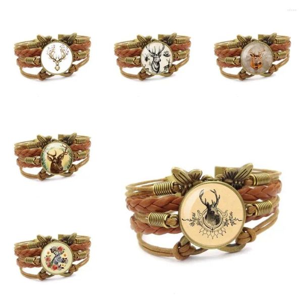 Bangle Beautiful Deer Cheap Chegada Cabochão De Vidro Multicamadas Pulseira De Couro Marrom Declaração Jóias Para Mulheres