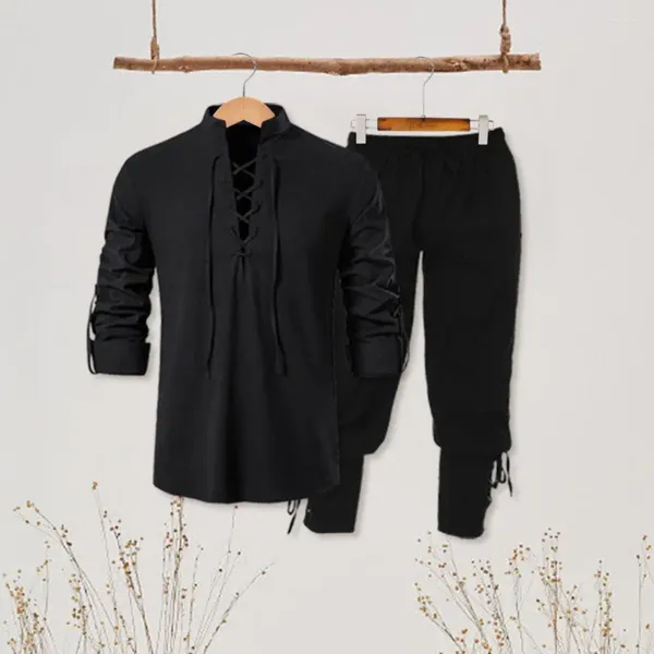 Männer Trainingsanzüge Männer Casual Henley Hemd Renaissance Mittelalterliche Wikinger-Stil Hosen Set mit Stehkragen Schnürung Langarm für