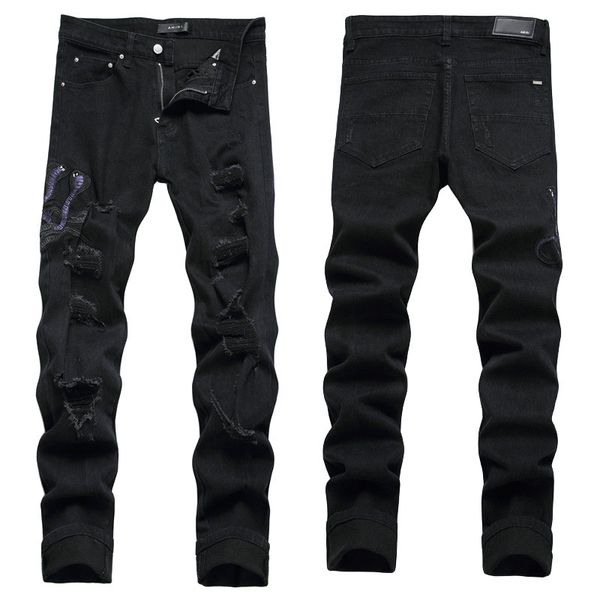 Homens jeans carta estrela am pequeno ponto bordado retalhos rasgado sexy romântico selvagem motocicleta calça dos homens AM3523-00 tamanho 29-38