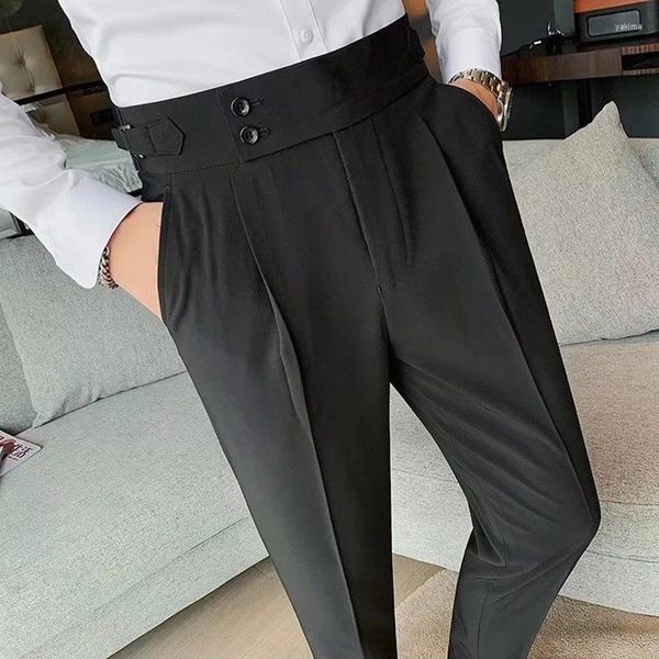 Pantaloni da uomo Moda Slim Fit Matita Napoli Pantaloni da completo per uomo Pantaloni a vita alta con bottoni Business Casual Pantaloni dritti coreani