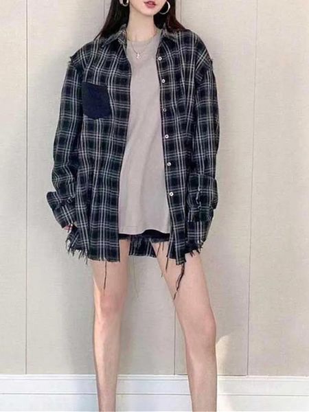 Camicie da donna Camicetta scozzese con colletto rovesciato Camicia colorata a maniche lunghe monopetto con taglio vivo e top con tasca singola