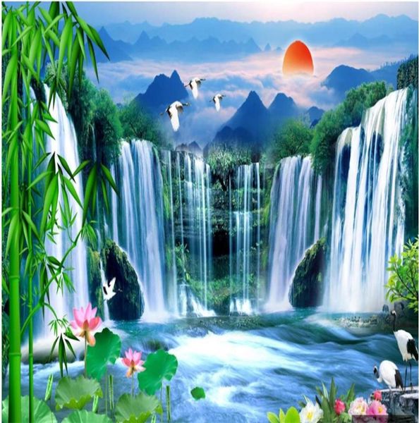 3d murais papel de parede para sala de estar cachoeira bambu lótus paisagem pintura cenário natural papéis de parede fundo wall5766868