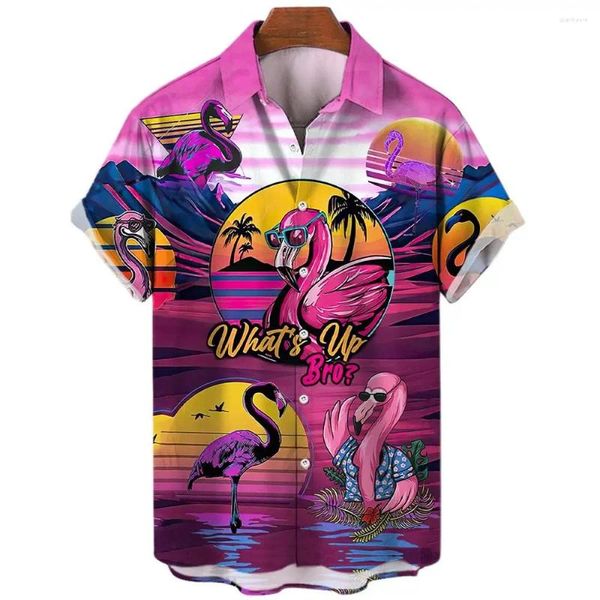 Männer Casual Hemden Sommer Hawaiian Hohe Qualität Flamingo Kurzarm Revers Übergroße Kleidung Männer Frauen Vintage Unisex Blusen