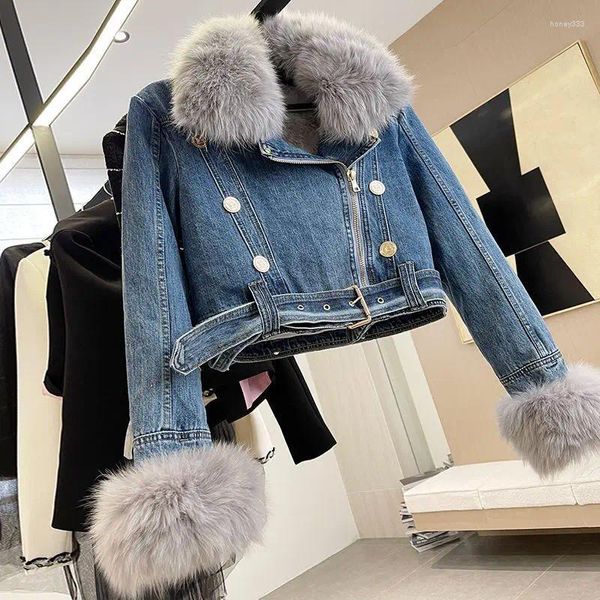 Damenjacken Denim Pelz Langarm Mantel Frauen 2023 Winter Samt Lose Allgleiches Spitze-up Mit Gürtel Koreanische Chic Revers weibliche Parkas