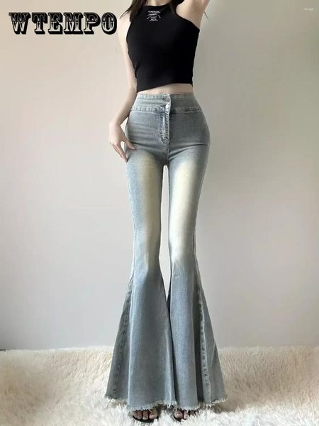 Женские джинсы WTEMPO 70-х годов, классические супер расклешенные синие женские брюки Y2k, гранж с высокой посадкой и потертостями, джинсовые брюки, эластичные женские брюки