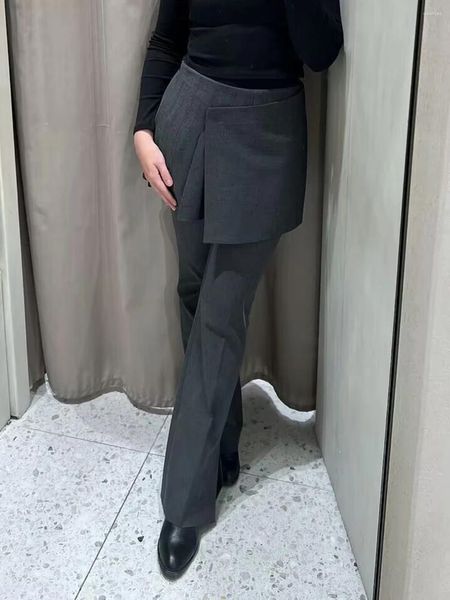 Calças femininas 2024 mulher larga saia plissada cintura alta irregular magro vintage longo alargamento calça primavera outono casual calças elegantes