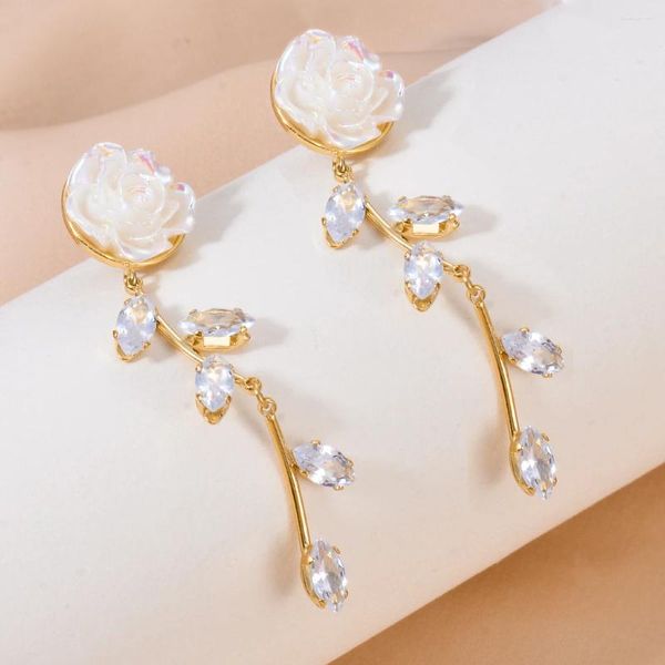 Baumelnde Ohrringe, helles Acryl, Blumen-Ohrstecker, koreanisch, exquisit, für Frauen, Rose, Quaste, Hochzeit, kubischer Zirkon, Statement-Schmuck