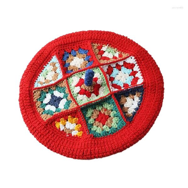 Berets feminino vintage malha crochê checkered flores artesanais colorido boina senhora grosso artista chapéu