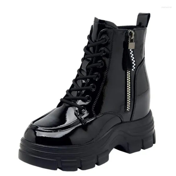 Botas 8.5cm patente cunha tornozelo alta marca microfibra couro primavera outono 2024 mulheres negras plataforma amortecida sapatos de moda