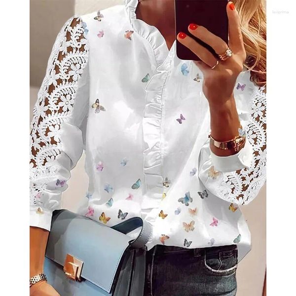 Blusas femininas moda borboleta impressão feminina 2023 outono renda manga longa plissado com decote em v blusa camisa casual camisetas elegante trabalho