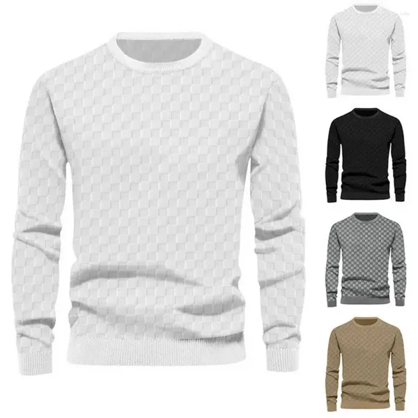Suéter masculino com gola redonda, manga comprida, pulôver com padrão xadrez e punho elástico, tecido macio, outono, primavera, camiseta casual