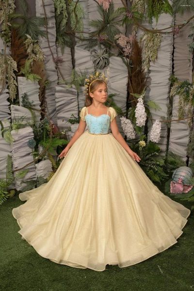 Mädchenkleider Glitzer Blumenkleid für Hochzeit Tüll gelbe Quasten bodenlange Prinzessin Child Erst Eucharistische Geburtstagsfeier