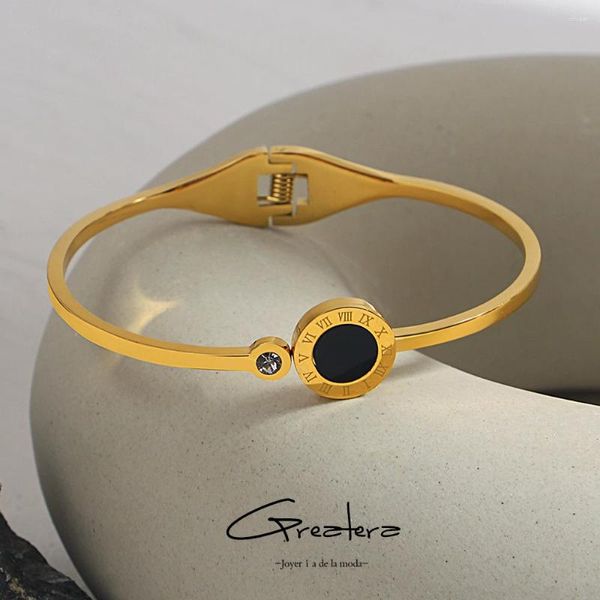 Bangle Greatera Aço Inoxidável Redondo Preto Acrílico Numerais Romanos Pulseiras Para Mulheres Banhado A Ouro À Prova D 'Água Charme Jóias