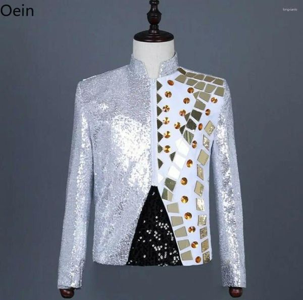 Abiti da uomo Giacca da uomo lucida con giunture glitterate Colletto con cerniera Abito con paillettes Bling Stand Slim Fit 2023