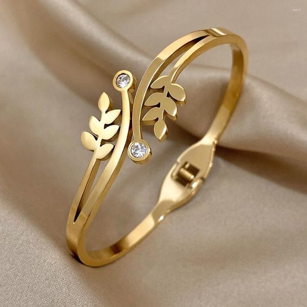 Bangle Greatera 18k banhado a ouro folha de aço inoxidável para mulheres à prova d'água flora deixa pulseiras de metal joias