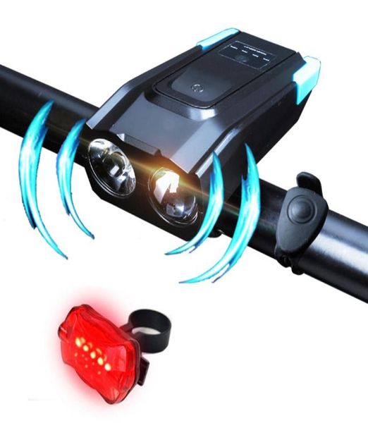 Conjunto de luz da bicicleta bateria recarregável usb led lâmpada dianteira segurança luzes traseiras com chifre sino à prova dwaterproof água t6 headlight6113710