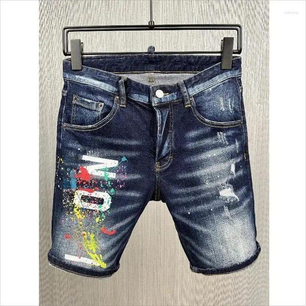 Herren-Jeans, modischer Trend, mit Buchstaben bedruckt, Denim-Shorts, schmal geschnitten, lässig, Loch, lackiert, High Street A601-1