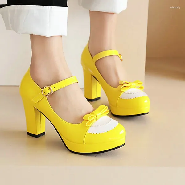 Elbise ayakkabıları parlak sarı mor kapalı ayak parmağı pembe kızlar cosplay lolita patchwork bowtie düğüm tasarım sevimli kadınlar Mary Janes pompalar topuklular