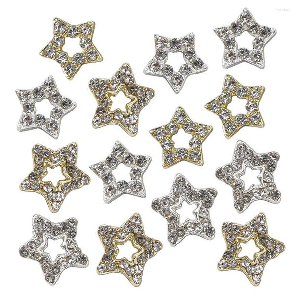 Tırnak Sanat Dekorasyonları 10 PCS oyuk Out Yıldız Takılar Tırnaklar Metal Alaşım Altın Gümüş Lüks Köpüklü Pentagram Rhinestone Gems Dekorasyon