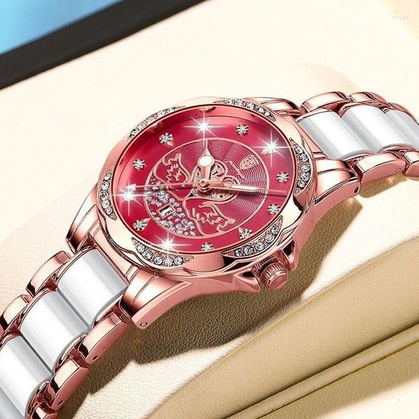 Armbanduhren POEDAGAR Diamantuhr für Frauen Kostenlose Shiping Keramik Elegante Rose Gold Damen Armbanduhren Wasserdicht Montre Femme 2023