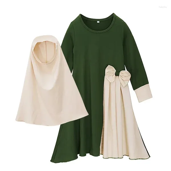 Abbigliamento etnico 2 pezzi Set Ramadan musulmano Abito da preghiera per bambina per bambini Hijab Abaya Arabo Abito lungo per bambini con foulard Abito caftano islamico