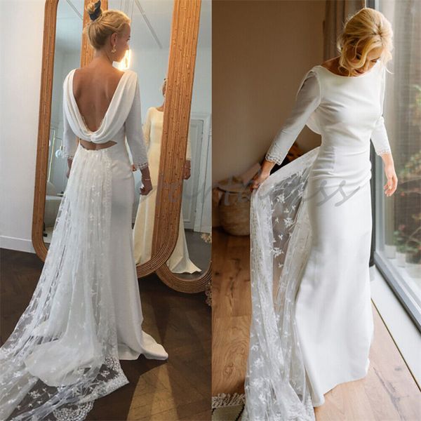 Simples vestido de noiva boho com trem fulllace baixo sem costas cetim manga longa praia vestidos de noiva o pescoço estilo country civil vestido de noiva robe de mariage vestidos novia