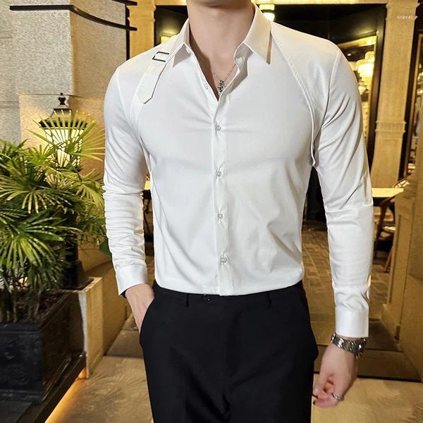 Camicie casual da uomo Design con cinturino di fascia alta Tinta unita per uomo Camicia elegante a maniche lunghe da uomo alla moda Camicia con risvolto di lusso Chemise Social Homme