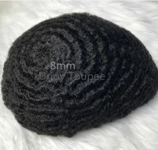 Perucas Mens Wig Hairpieces 8mm Afro Wave Hair Toupee Full Swiss Lace Toupee Chinês Virgem Remy Substituição de cabelo humano para homens negros grátis