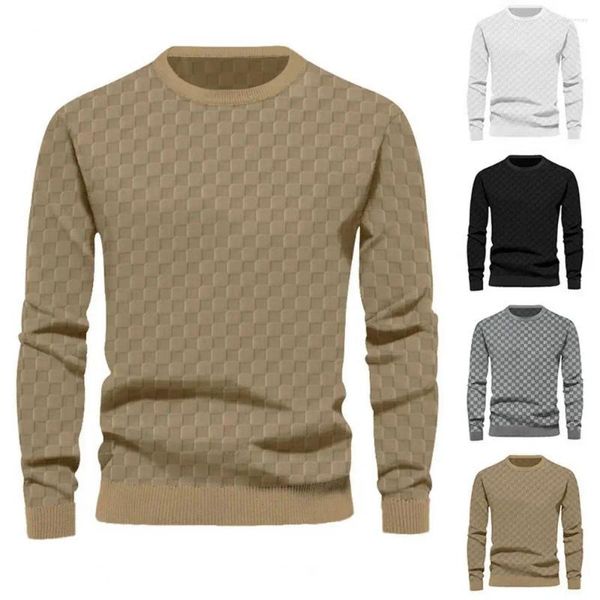 Erkek Sweaters Üstü Damalı Desen Uzun Kollu Kazak Erkekler Gevşek Uygun Tişört Elastik manşet Bahar Sonbahar Kalın Yumuşak Kumaş Rahat