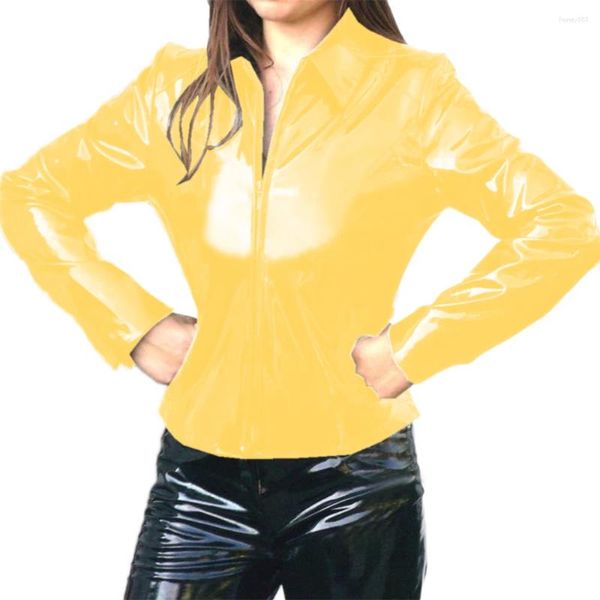 Damenjacken Damen Umlegekragen Faux Latex Hemd Punk Langarm PVC Lederjacke Für Frauen Schlank Sexy Club Mantel Gothic S-7XL