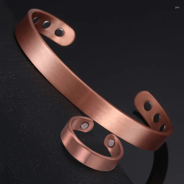 Bangle snqb conjunto pulseiras de cobre puro e anéis simplicidade manguito pulseiras magnéticas para mulheres homens artrite saúde jóias sólidas