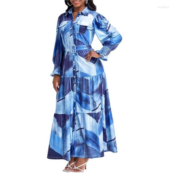 Abbigliamento etnico Abiti africani per le donne 2024 Arrivo Primavera Autunno Retro blu stampato camicia a maniche lunghe Maxi abito abito cardigan alla moda